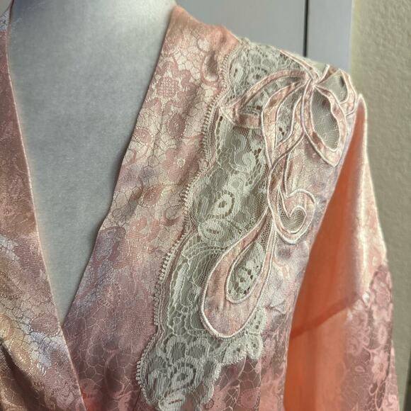 Vintage NATORI Floral Short Robe Lace Satin SIZE LARGE Pink 80s 90s - Picture 4 of 7